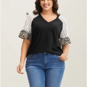 BLOOMCHIC 14-16 1X Plus Black Leopard Print Contrast Plain T Shirt NWT B142